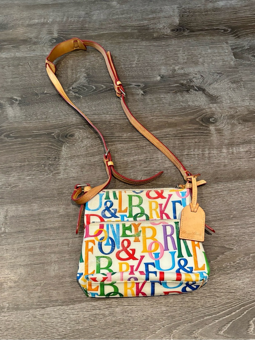 Authentic Dooney & Bourke Multicolor Letter Print Crossbody Bag
